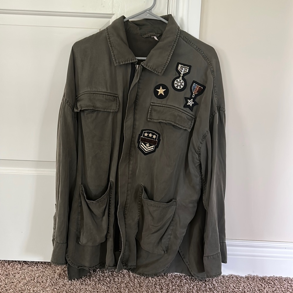 Free People dark green army zip up jacket with gem detailing size M